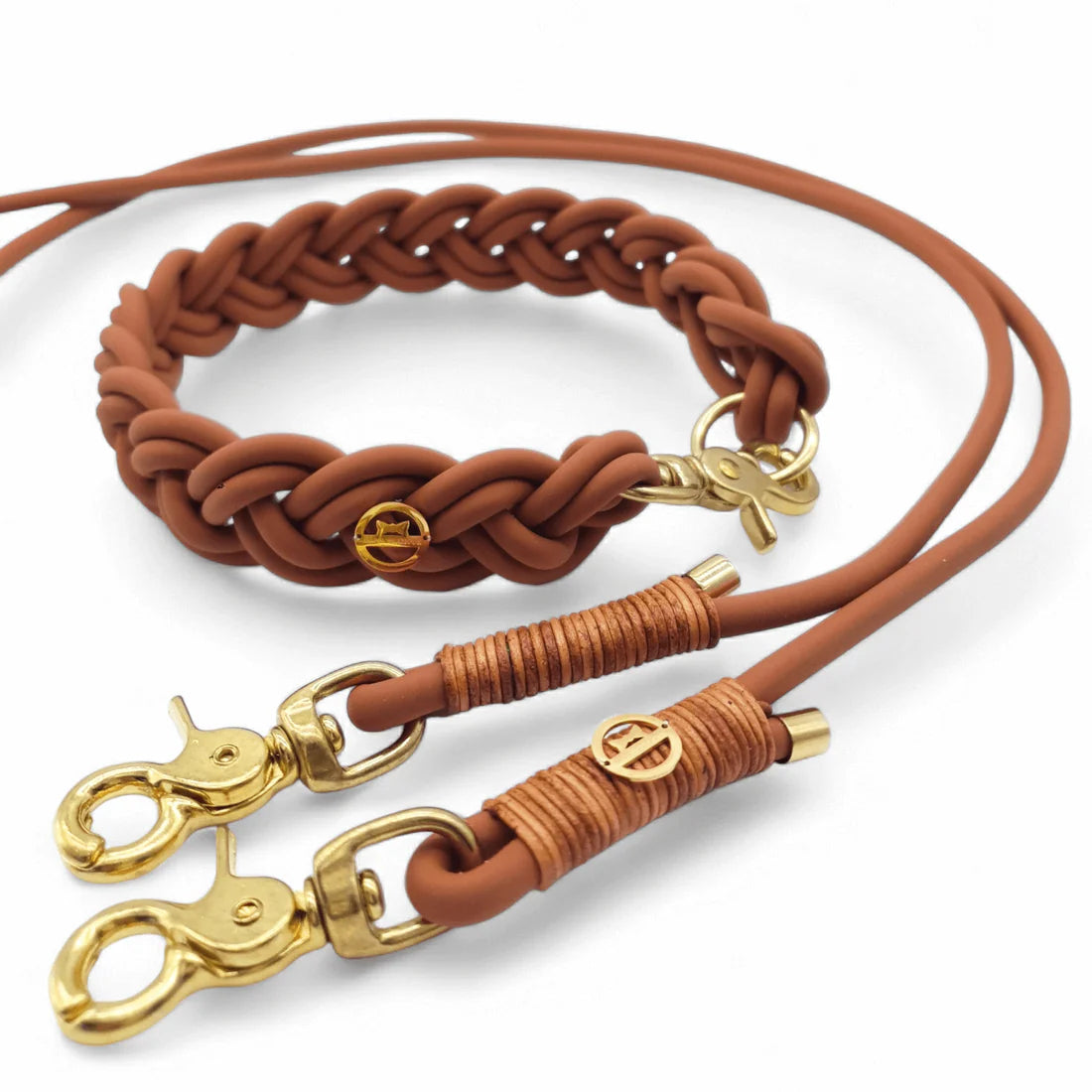 BioThane® Leine Hellbraun mit Vintage Cognac Lederriemen