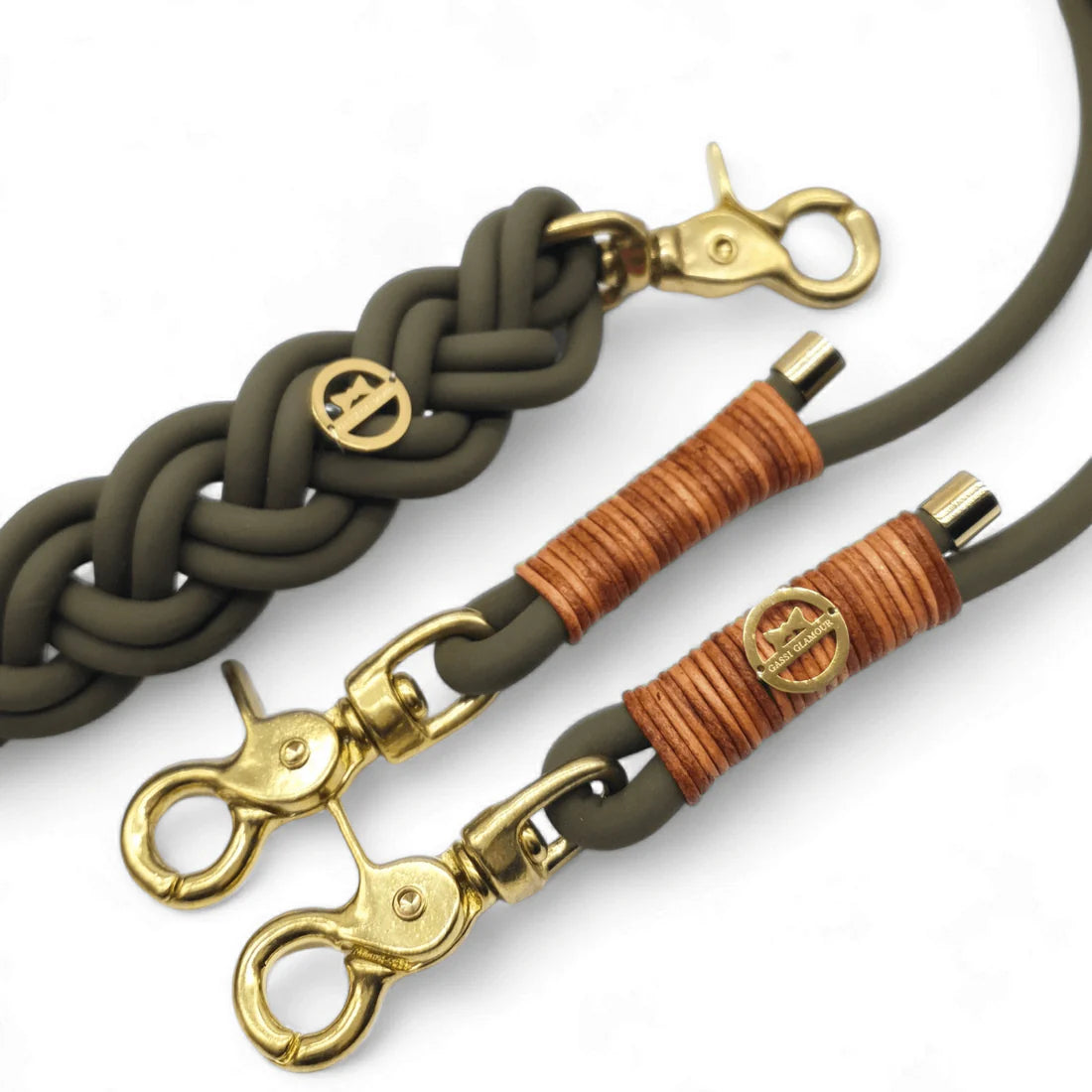 BioThane® Leine Olive mit Vintage Cognac Lederriemen