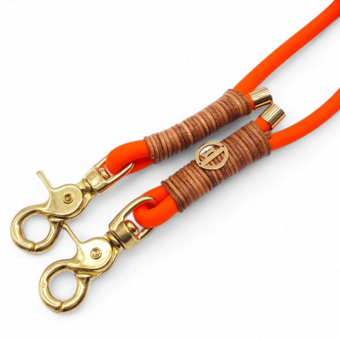 BioThane® Leine Neon-Orange mit Vintage Cognac Lederriemen