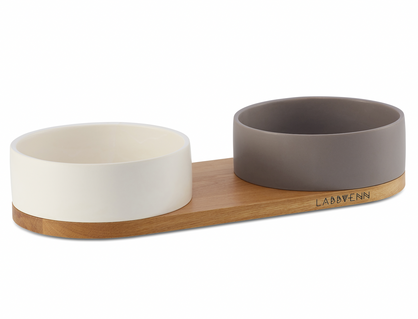 Vuku Ceramic Double Buffet mit zwei Futterschüsseln in cacao und weiss auf Holzbasis