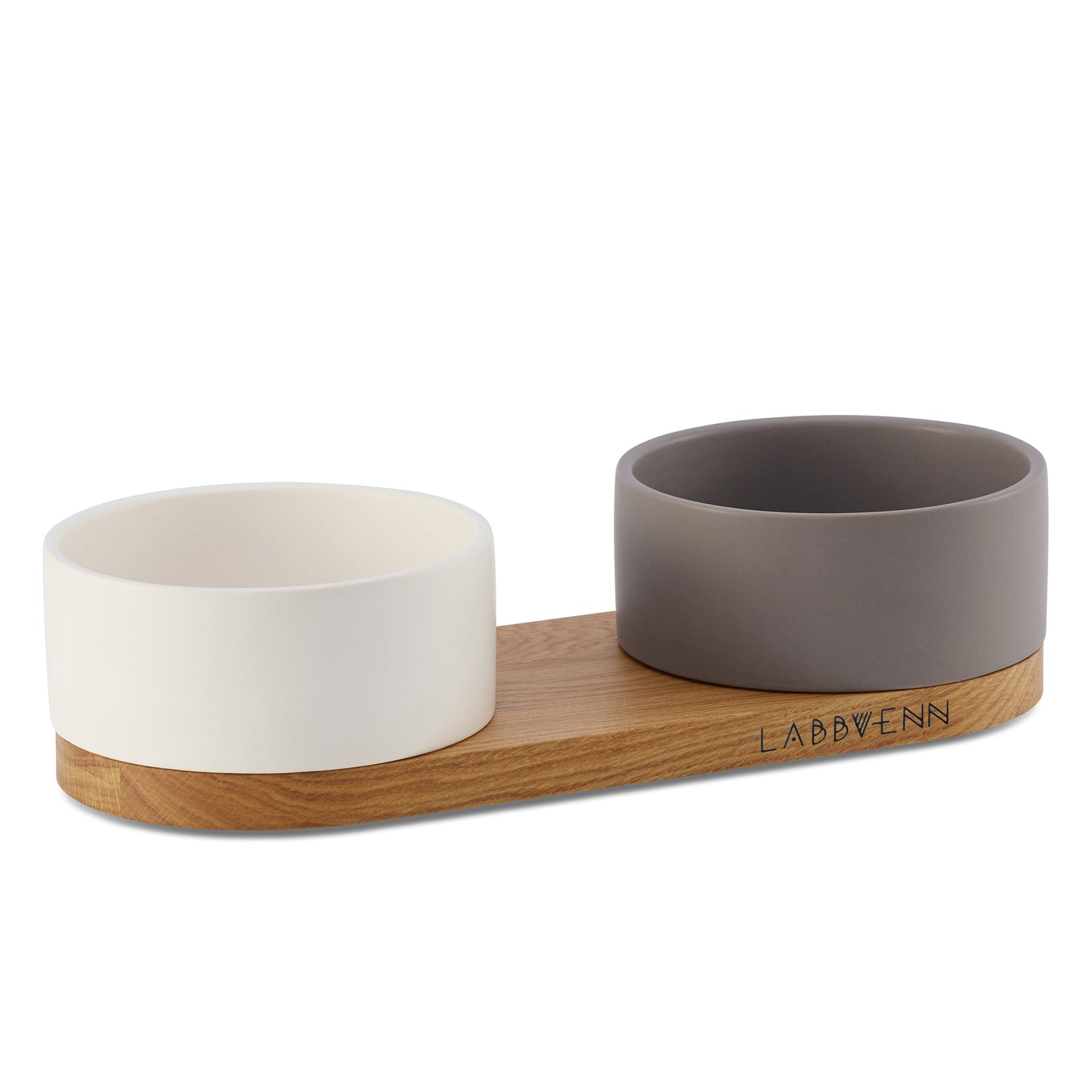Vuku Ceramic Double Buffet mit zwei Futterschüsseln in cacao und weiss auf Holzbasis