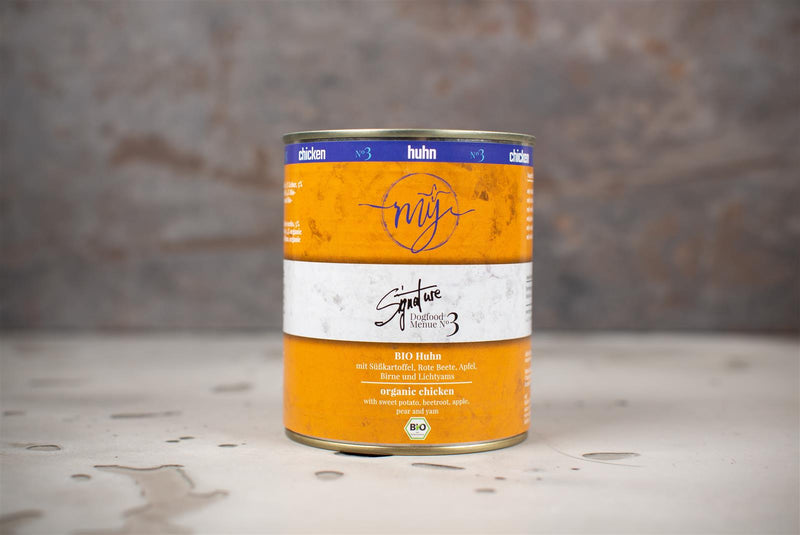 Nassfutter No3: Bio-Huhn. Süßkartoffel. Rote Beete. Apfel. Birne. Lichtyams