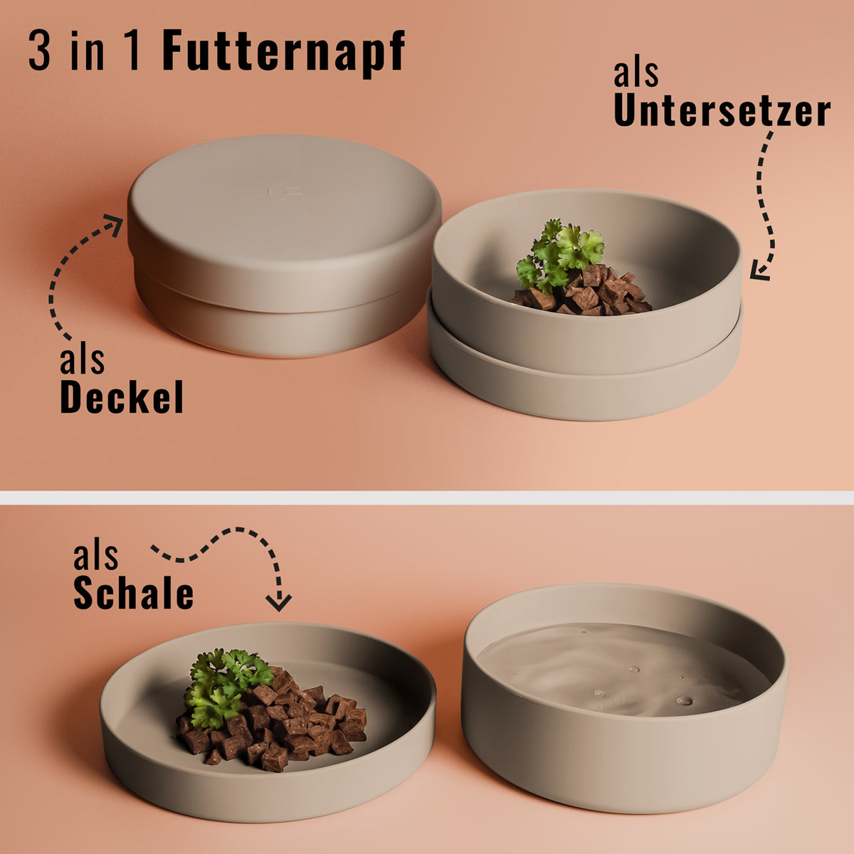 Silikon-Futternapf mit Deckel in taupe