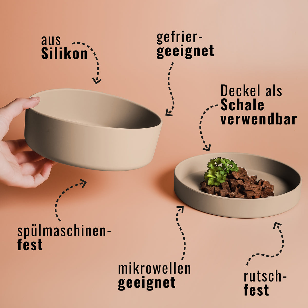 Silikon-Futternapf mit Deckel in taupe