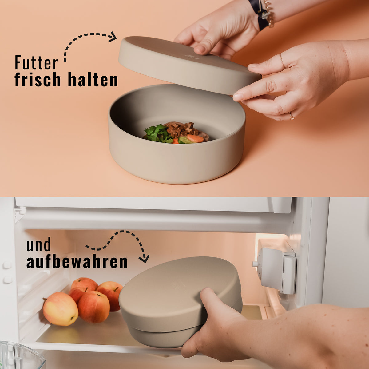 Silikon-Futternapf mit Deckel in taupe