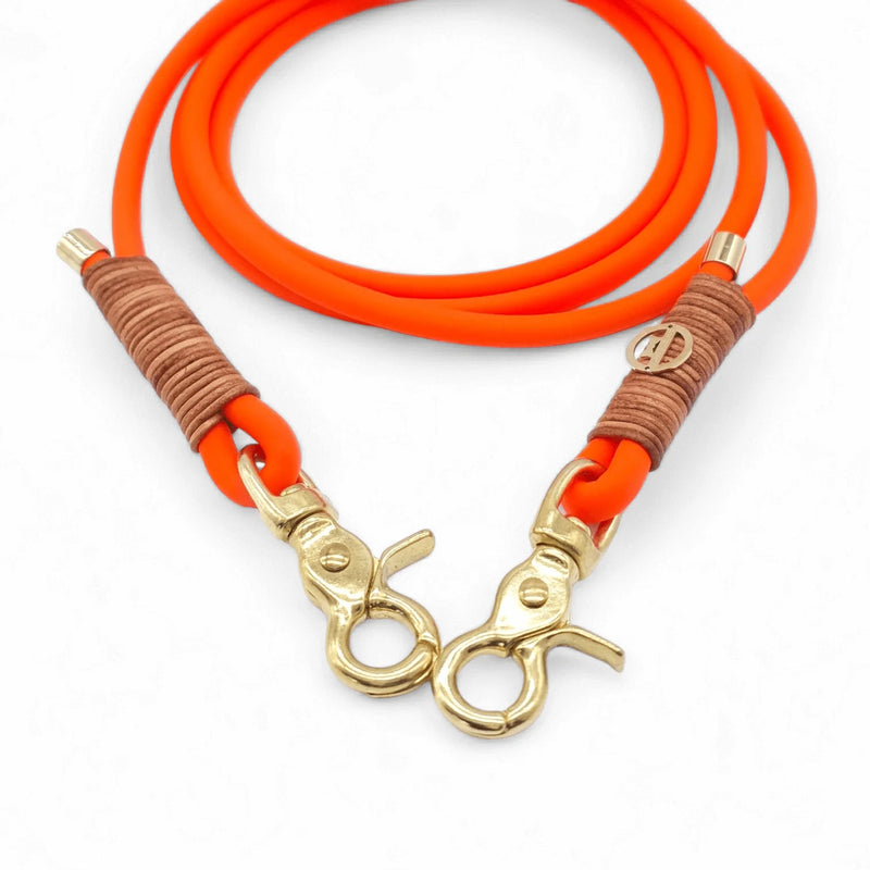 BioThane® Leine Neon-Orange mit Vintage Cognac Lederriemen