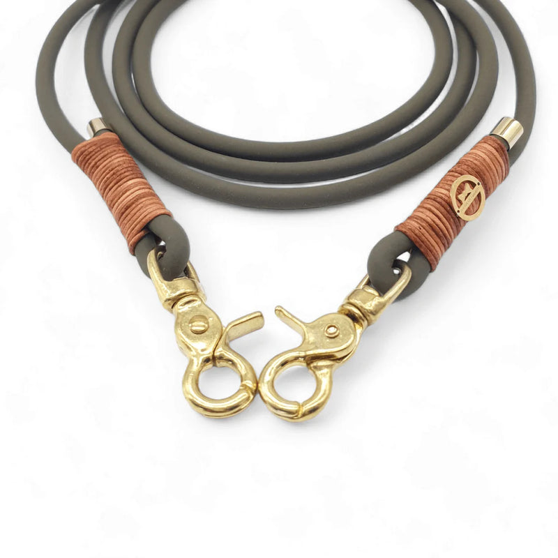 BioThane® Leine Olive mit Vintage Cognac Lederriemen